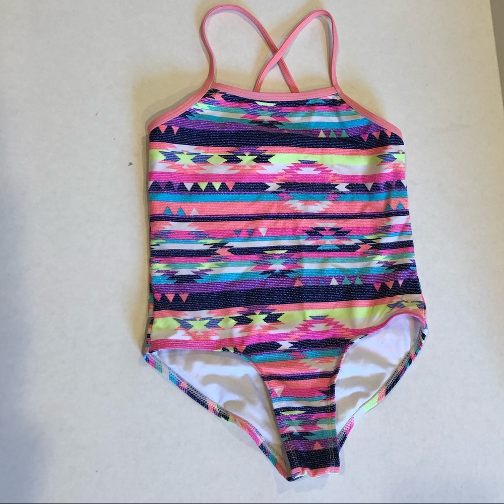 OP girls swim one piece neon Aztec geo print